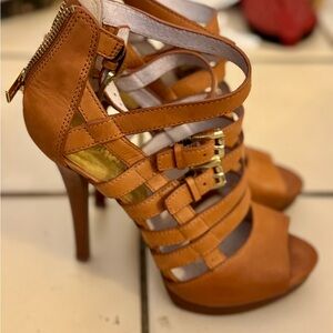 Michael Kors Tan Strappy High Heel Sandals with Gold Buckles